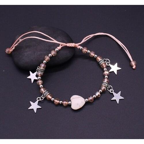 Fashion Beaded Bracelet Simple Crystal Heart Shaped Stone 5 Pointed Star Retro Lady Bracelet Crystal Adjustable Bracelet Jewelry