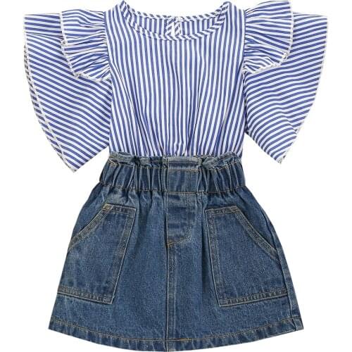 Kids Baby Girls Fashion 2-Piece Outfit Set Fly Sleeve Striped Tops+Denim Skirt Set Trend Fashion Cotton+Denim