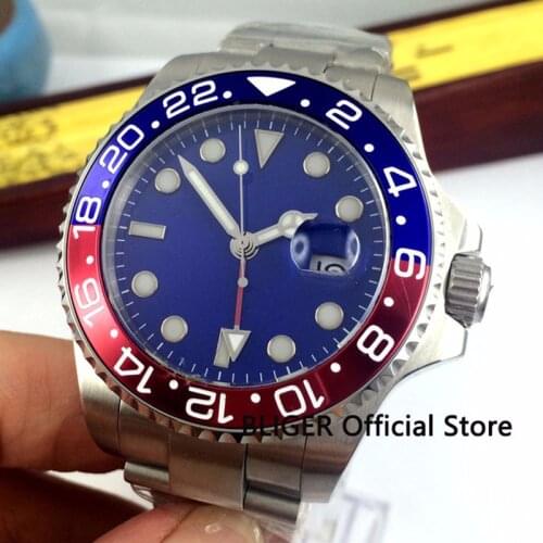 BLIGER 43MM Blue Sterile Dial Mens Watch Big Face Rotating Bezel GMT Sapphire Glass Automatic Movement Brushed Bracelet