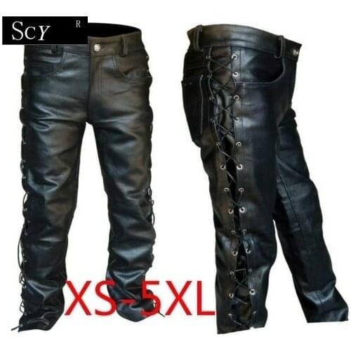 Mens Black Thick Leather Side Laces Up Jeans Style Long Pant Motorcycle Leather Trousers Leather Motorcycle Pants