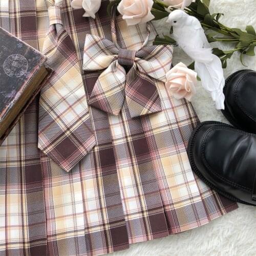 Mango Dessert Original Design Yellow Brown Plaid Checks Pleated Skirt Good Quality Sharp Pleats Preppy Style & Necktie/Neckbow
