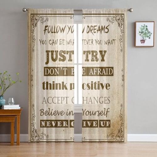 Follow You Dreams Text Retro Sheer Curtains for Living Room Bedroom Kitchen Chiffon Tulle Curtains Home Hotel Coffee Decor