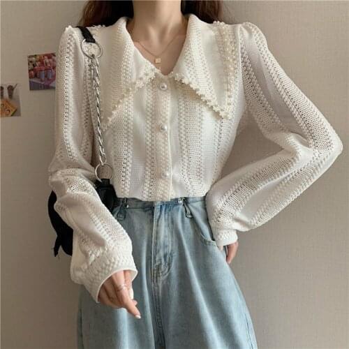 Plus Size L-4XL 2021Spring Fashion Women Long Sleeves Peter Pan Collar Tops Shirts Elegant Lace Office Ladies Hollow Out Blouses