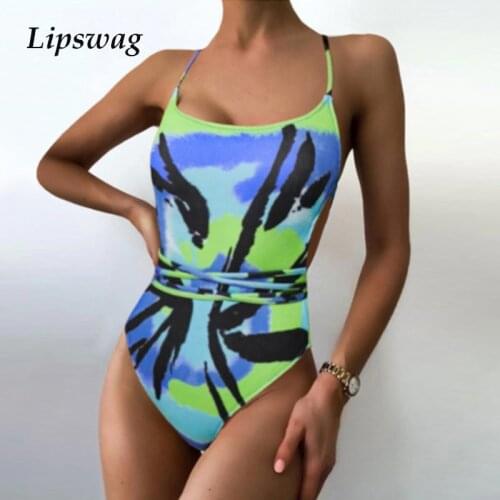Sexy Print Bandage One Piece Bikini Swimsuit 2021 Women Tie Dye Bikini Set Backless Push Up Bodysuit Beachwear Bathing Suit L