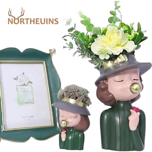 NORTHEUINS Resin Cute Girl Vase Nordic Modern Creative Flower Pot Aesthetic Home Living Room Decoration Accessories For Interior