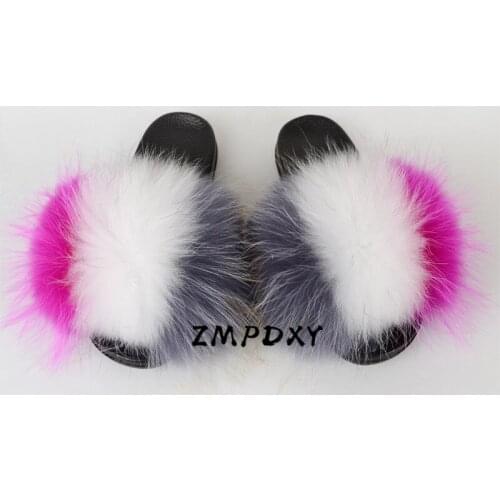 Womens Winter Fluffy Raccoon Fur Slides Kids/Childrens Real Fox Fur Slipper Ladies Indoor Warm Home Shoes Plush Fur Sandals