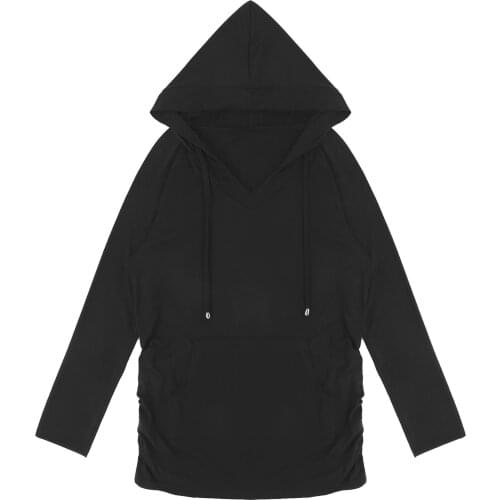 Pregnant Women V Neck Long Sleeve Hoodie Maternity Clothes Casual Drawstring Front Pocket Hooded Sweatshirt Ruched Tops