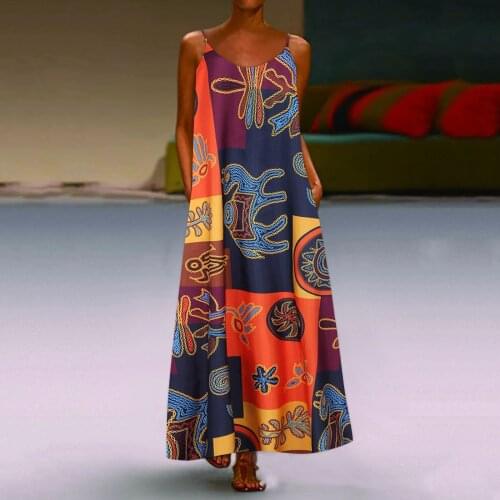 Vintage Boho Long Dress Women 2021 Summer Sleeveless O-neck Printed Loose Ladies Dress Sexy Fashion Casual Elegant Beach Dress
