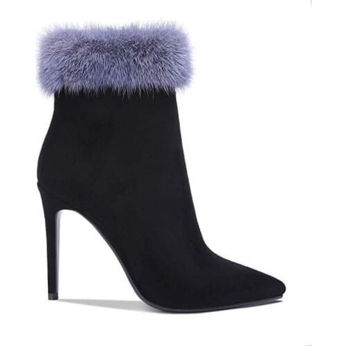 Female Mink Fur Opening Ankle Boots Winter Stilettos Bootie Pointe Toe Black Suede Thin High Heel Side Zipper Ankle Boots Zapato