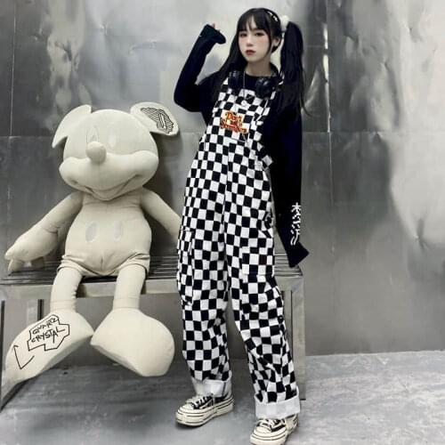 2021 Spring Autumn Women Jumpsuits Vintage Casual Loose Wide Leg Overalls Plus Size Plaid print Streetwear Hip Hop Harajuku punk