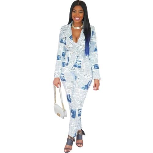 S-XXL Womens Two Piece Plaid Printing Front Long Sleeve Blazer and Elastic Waist Pant Set Suit