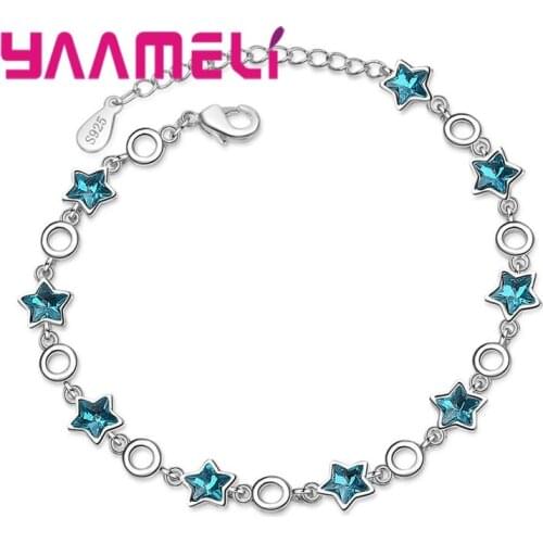 Ladies Beautiful Shiny Blue Star Rhinestone Handmade 925 Sterling Silver Adjustable Bracelet for Women Valentines Day Gift