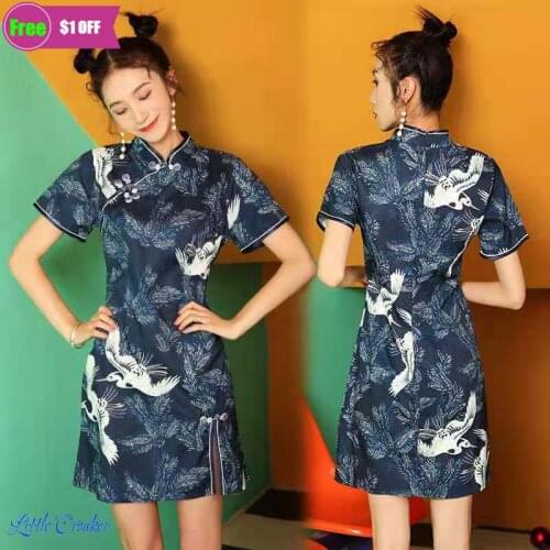 Japanese Harajuku Style Retro Slim Cheongsam Women Chinese Traditional Crane Print Qipao Club Sexy Bodycon Party Wedding Dress