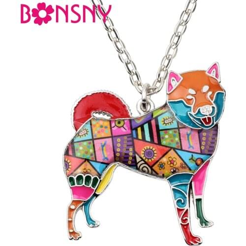 Bonsny Statement Alloy Shiba Inu Dog Necklace Pendants Enamel Collar Choker Chain New Fashion Animal Pets Jewelry For Women