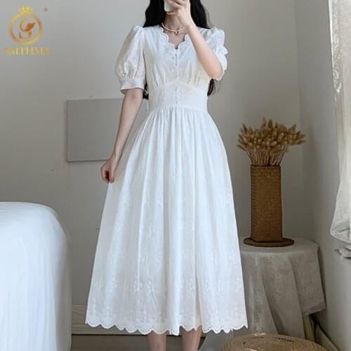 SMTHMA Women Sweet White Embroidery Elegant High Waist Summer Dresses Ladies Sexy V-Neck Puff Short Sleeve Party Dress Vestidos