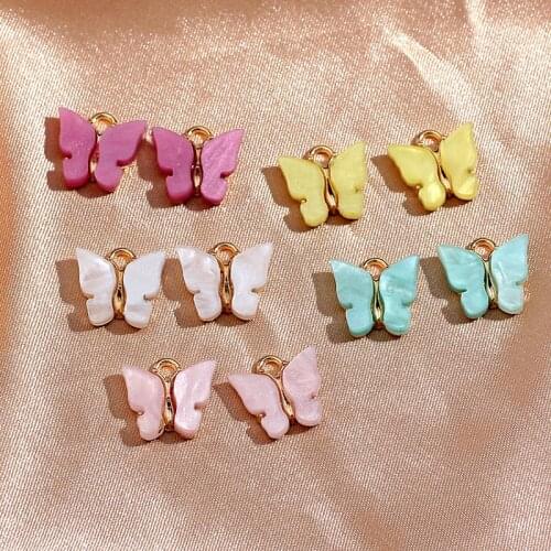 Gold Color Alloy Mix Color Cute Acrylic Resin Butterfly Charms 10Pcs 13*13mm Colorful Insect Charms For DIY Earrings Accessories