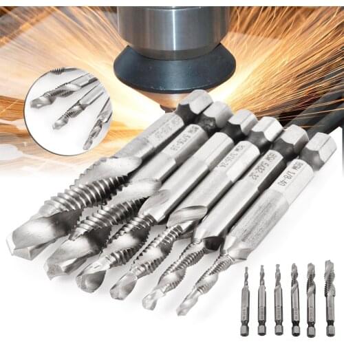 6Pcs Hex Shank Drill Tap Bits 1/8" 5/32" 3/16" 1/4" 5/16" 3/8" HSS 1/4" Combination SAE Drill Tap Bit Deburr Countersink Set