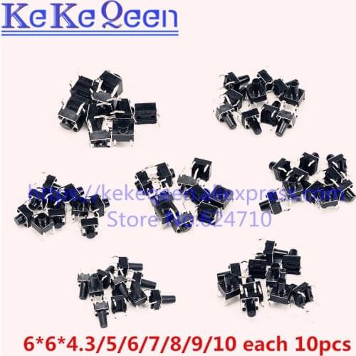 7 Values*10pcs 70pcs/lot 6*6*4.3/5/6/7/8/9/10mm Tact Switch Tactile Push Button Switch Kit Sets DIP 4P Micro Switch High Quality