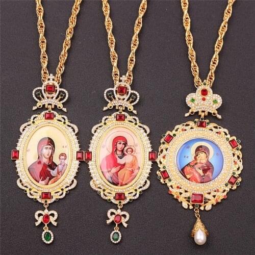 Men Women Hip hop Long Necklace Jesus Cross Pendant & Necklace Orthodox Greek Virgin Mary Round Pectoral Religious Jewelry
