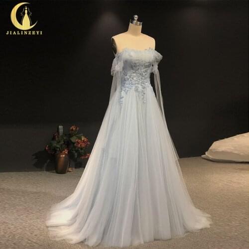 Rhine real Pictures Grey Blue Off the shoulder beads A-line vestido de noiva robe de soiree arabic evening dresses long