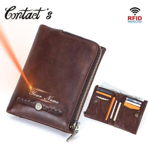 Contacts Rfid Blocking Male Short Purse Crazy Horse Leather Men Wallet Vintage Bifold Card Holders Small Coin Pocket Zipper