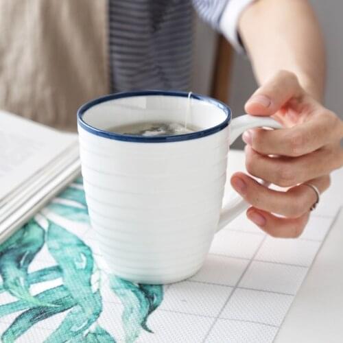 MUZITY Ceramic Coffee Mug Brief Style Thread Design Dark Blue Line Mug With Handgrip Breakfast Milk Mug Drinkware