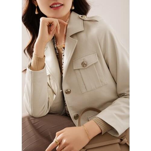 Fashion Leather Womens Korean Jacket Real Sheepskin Leather Coat Solid color Casual Elegant lady Outerwear Spring Autumn