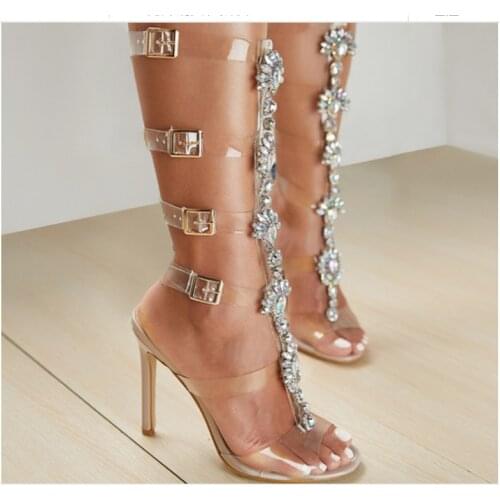 Summer Sexy Womens Crystal Rhinestone Bohemia Sandals Boots Buckle Strap Open Peep Toe High Heels Sandals PVC Transparent Shoes