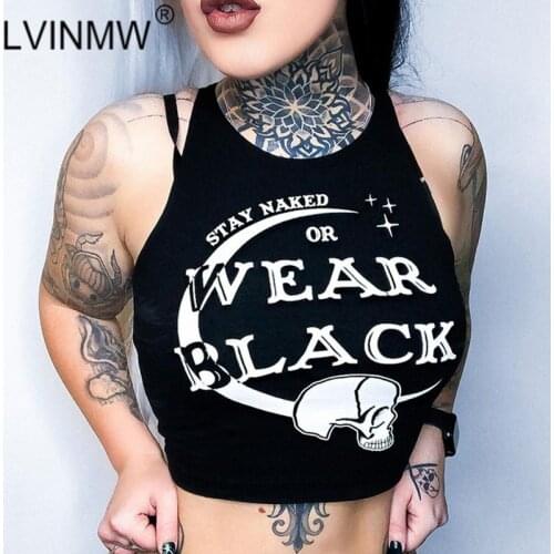 LVINMW O Neck Sleeveless Letter Print Gothic Chic Crop Top Skull Printed Slim Soft Goth Casual Summer Tank Tops Women Streetwear