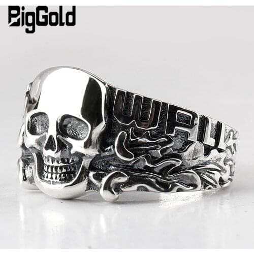 Halloween 925 Sterling Silver Skull Ring for Men Skeleton Thai Silver Biker Ring for Men Punk Cool Street Fashion Jewelry