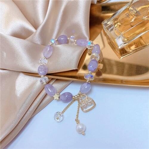 2021 Summer New Handbag Pendant Purple Candy Color Crystal Beaded Strand Bracelets for Women Female Fashion Jewelry YBR510