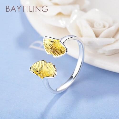 BAYTTLING 925 Sterling Silver Simple Yellow Leaf Open Ring For Women Fashion Jewelry Couple Ring Gift