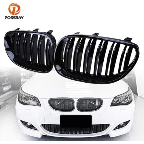 2Pcs Front Center Wide Kidney Hood Grille Double Lines Gloss Black Grills for BMW 5-Series E60/E61 M5 520d/520i 2004-2011