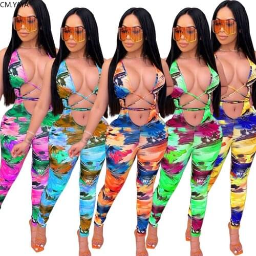 CM.YAYA Women Beach Tie Dye Print Lace Up Open Front Sleeveless Jumpsuit Sexy Party Club Night One Piece Overall Romper Playsuit