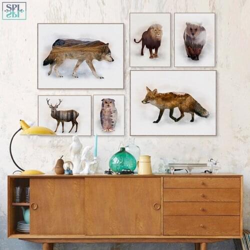 SPLSPL Abstract Wild Animal Deer Wolf Mountain Forest Canvas Art Print Poster Wall Picture Home Decor Painting No Frame