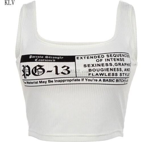 Women Summer Ribbed Knit Sleeveless Crop Top Harajuku Punk Black White Letters Print Mini Vest Stretch Slim Club Streetwear
