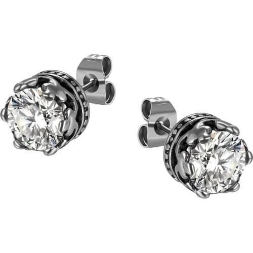 Vintage Fashion Stainless Steel Earring For Men with Black Cubic Zirconia Royal Crown Stud Earrings Black & Silver Colour