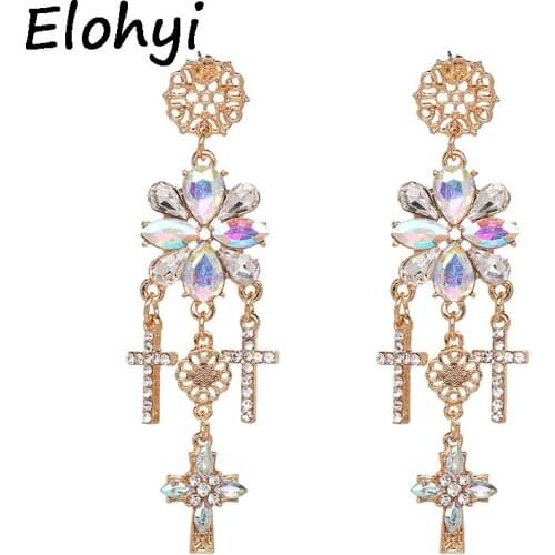 ELOHYI Hot Selling Long Cross Crystal Earring Big Pendant Earring For Woman Crystal Large Long Brinco Ear Oorbellen Gift