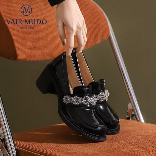 VAIR MUDO Women Pumps Shoes Elegant Thick Bottom Round Toe Genuien Leather Office & Career Black Mary Janes Flower Sweet D253L