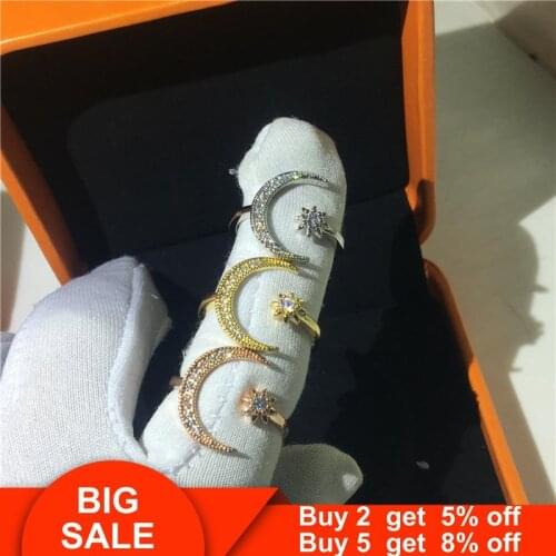 Moon Star ring Real 925 sterling silver Pave AAAAA Cz Engagement Wedding Band Rings for women Bridal Charm Party Jewelry Gift