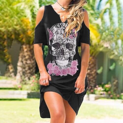 2021 Plus Size 2XL Women Skull Print Casual Dress Strapless Loose Vintage Summer Floral Dress Wholesale vestidos de verano