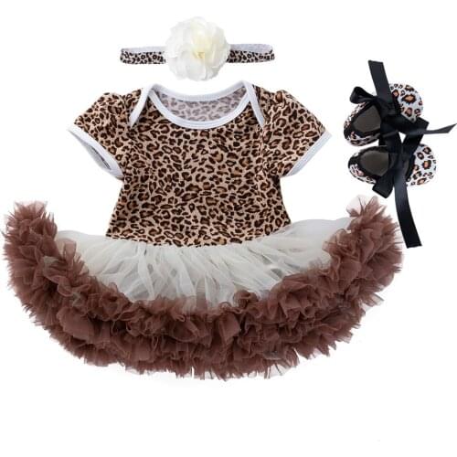 Baby Girls Short Sleeve 100% Cotton Leopard Rompers+Flowers Turban+Shoes 3PCS Clothing Sets Rompers Summer Clothing Set