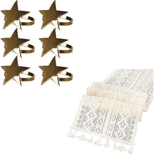 6 Pcs Five-Pointed Star Napkin Ring, Christmas Napkin Ring with Cotton Crochet Vintage Table Runner and Tassels
