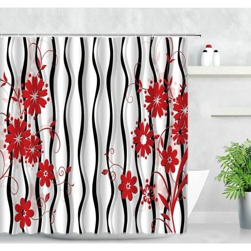 3D Abstract Art Shower Curtains Red Flowers Curve Background Wall Decor Cloth Bath Screen Waterproof Hooks Bathroom Curtain Sets
