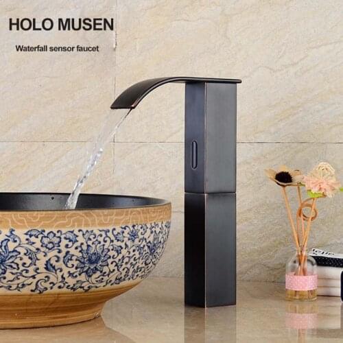 Black Painting Touch Free Infrared Sensor Automatic Faucet Water Saving Hygeian Sensor Faucet Waterfall for Countertop Basin
