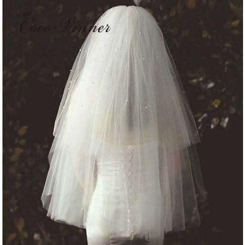 Europe Simple Bridal Veil Ivory Color Waist Length Pearls Beaded Wedding Veils For Women A8003