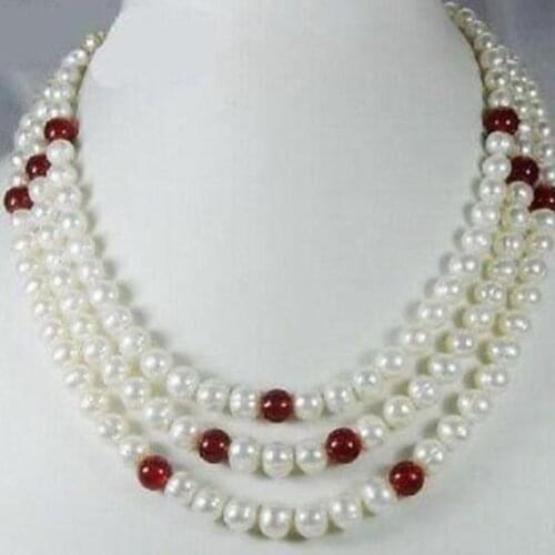 Exquisite 3Rows 7-8mm White Akoya Pearl and Red Ruby Necklace