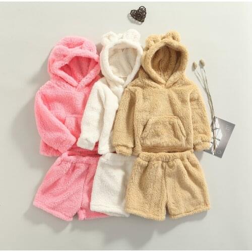 Kids Girls Clothes Set Baby Boys Clothes Plush Long Sleeve Hooded Tops+Shorts 2PCS Outfit Children Winter Warm Clothing Set