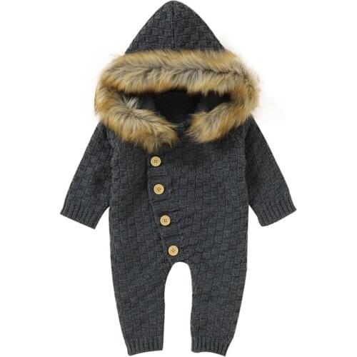 Fashion Baby Girls Boys Knitted Romper Autumn Winter Solid Color Single-breasted Long Sleeve Hooded Jumpsuit with Wool Collar