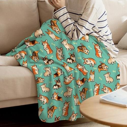 Dog Corgi Cartoon Throw Blanket Cute Kids Design Corgis in Green Blankets for Beds Christmas Decorations for Home